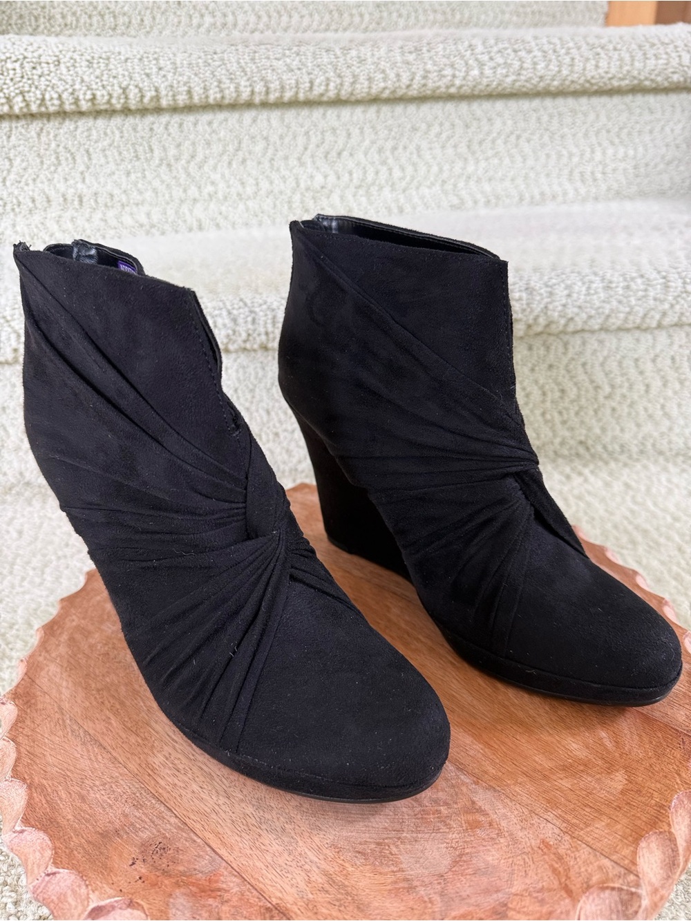 Black Impo Suede Ankle Wedge Boots With Twist Detail.